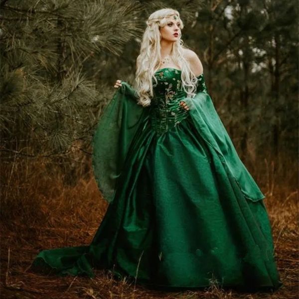 Emerald Green Gothic Medieval Prom Vestidos para ocasiones Fariy Manga larga Sin tirantes Bustle Corset Disfraz Vestido de noche