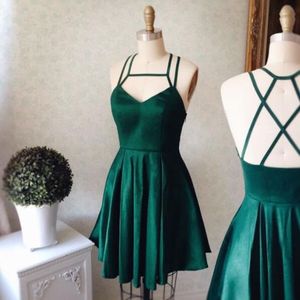 Emerald Green Halter Short Mini Homecoming -jurken 2019 Een lijn elastische satijnen cocktailjurken afstuderen feestjurk op maat gemaakt 199c