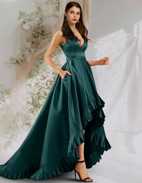 Emerald Green Hi-Lo Vestidos de noche formales con bolsillos con cuello en V Sweep Tren Satin Backless PRIG Party Bats Tallas grandes