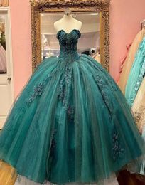 Emerald Green Hunter Lace Quinceanera -jurken Prom Brithdday Party Ball Jurk Beading Tule Princess Plus Size Coset Women Girl Long8161613