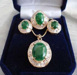 Jade vert émeraude 18KGP zircon cubique pendentif collier boucles d'oreilles bague Set2628472