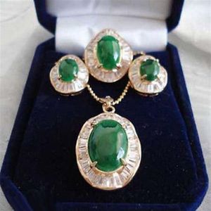 Smaragdgroene Jade 18KGP Zirkonia Hanger Ketting Oorbellen Ring Set241z