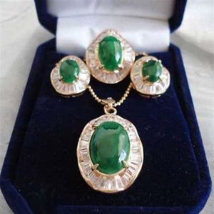Smaragdgroene Jade 18KGP Kubieke Zirconia Hanger Ketting Oorbellen Ring Set316Y