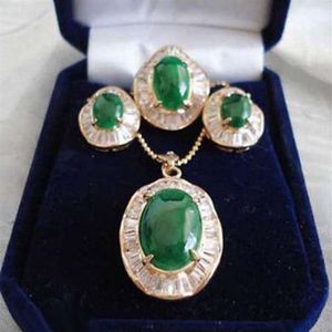 Smaragdgroene Jade 18KGP Zirkonia Hanger Ketting Oorbellen Ring Set306E