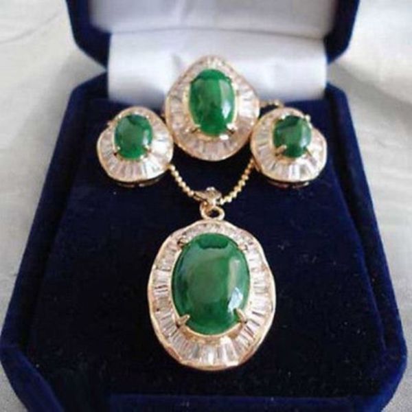 Jade vert émeraude 18KGP, pendentif, collier, boucles d'oreilles, bague, ensemble 236b