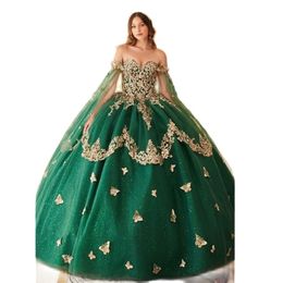 Émeraude Green en dentelle Applique Quinceanera Robes de la robe de bal de niveau épaule Sweet 15 Robe Glitter Sequin Vestidos de 16 Anos 326