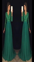 Emerald Green Lace Chiffon Lange Mouw Prom Pageant Dresses bescheiden Vneck kralen plus size vrouwen formele gelegenheid avondjurk1188520