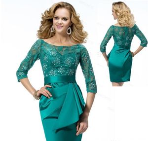 Emerald Green Kant Moeder van de Bruid Jurken 2018 Plus Size Illusion 3/4 Mouwen Beaded Short Mini Wedding Avond Feestjurken