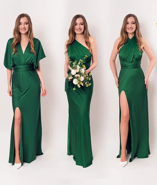 Abito da damigella d'onore lungo convertibile verde smeraldo Abiti da cerimonia nuziale in raso di seta con spacco laterale a sirena Abiti da festa semplici ed eleganti per le donne Occasioni speciali