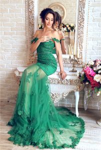 Emerald Green Long Evening Jurk 2022 Sweetheart Off schouderhoes Appliques Lace kralen vrouwen sexy formele optochtjurk voor prom feest