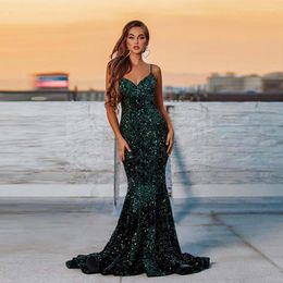 Emerald Green Long Mermaid Evening Jurken Elegant For Women Spaghetti Velvet Sequins Formal Prom Party Jurets