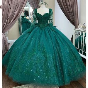 Verde esmeralda manga larga volantes cristal vestidos de quinceañera vestido de bola apliques de novia rebordear dulce 15 vestidos de quince años