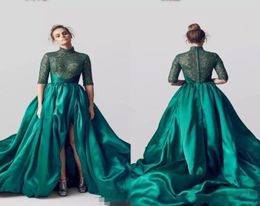 Emerald Green Long Train Evening Jurken 2019 Lange hoge been Split formele jurken Vrouwen Vintage Green Prom Dress Vestidos 1515354