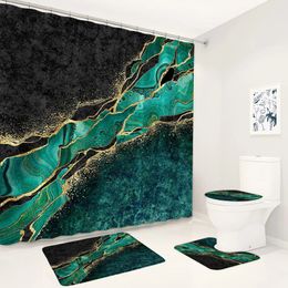 Ensemble de rideau de douche en marbre vert émeraude, luxe, fissure dorée, Texture noire imprimée, décor de salle de bains, tapis antidérapants, couverture de toilette, tapis de bain 240328