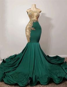 Emerald Green Mermaid Afrikaanse prom -jurk voor zwart meisje gouden applique diamant kristal gillter rok avond formele jurk mal mal mal mal