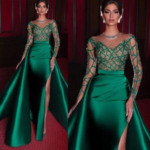 Robe de soirée sirène vert émeraude avec train détachable élégante Satin haute fendue manches longues robes de soirée2960