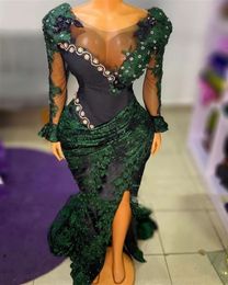 Emerald Green Mermaid Avondjurken Illusie Lange mouw Lace bloemen kristal kralen pure nek Afrikaanse aso ebi sexy spleet prom -jurken
