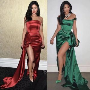 Smaragdgroen Zeemeermin Formele Avondjurken Sexy Schoudervrij Kylie Jenner Celebrity Galajurken Zijsplit Peplum Arabische Vrouwen Speciale Gelegenheid Feestjurk