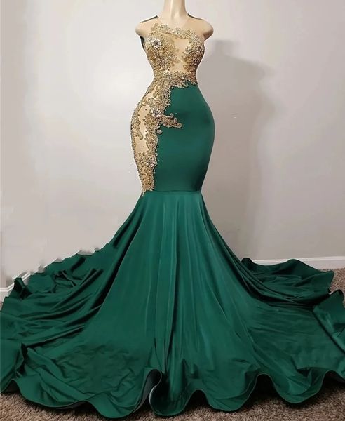 Merma verde esmeralda Vestido de fiesta africano de lujo de lujo para niñas negras Applietas de oro Sequíns Crystal Satin Long Evening Formal Gown Rente de Soiree