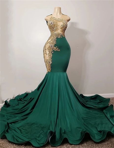 Vestido de fiesta africano de lujo de sirena verde esmeralda para niña negra aplique dorado falda de cristal de diamante vestido Formal de noche