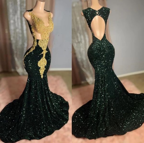 Vestido de fiesta de sirena verde esmeralda para niñas africanas, apliques dorados, cuentas de lujo para mujeres, vestidos de noche de cumpleaños, vestidos de bal