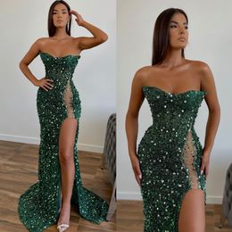 Emerald Green Mermaid Prom Dress Pleats strapless pailletten avondjurken elegante dij split jurken voor speciale gelegenheid