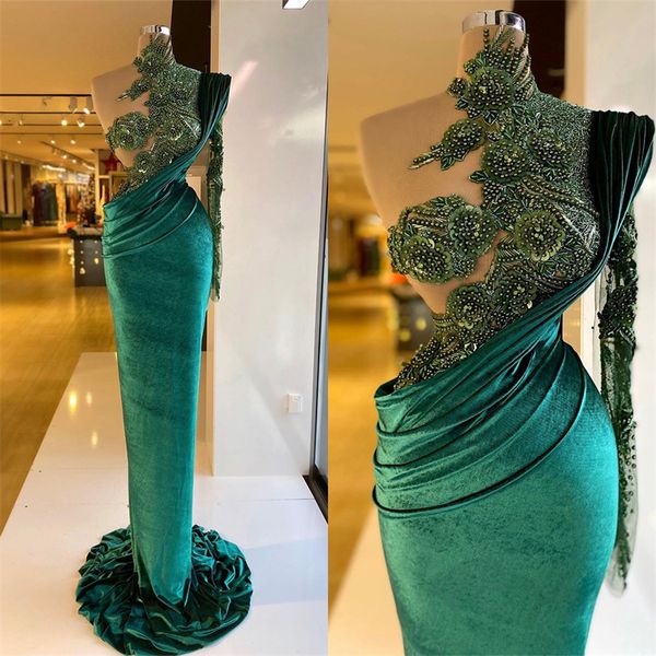 Robes de bal sirène vert émeraude sur l'épaule dentelle appliques robe de soirée sur mesure perlée col haut longueur de plancher robe de soirée