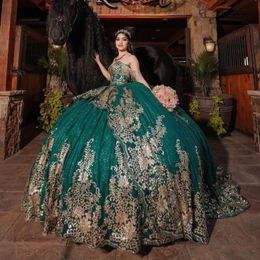 Robe De bal Mexi vert émeraude robes De Quinceanera Appliques dorées dentelle épaule dénudée douce 16 robe à lacets robes De 15 Anos