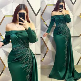 Emerald Green Muslim Evening Elegant Off épaule manches longues Sirène Sirène Turc Robe de Kaftan plis
