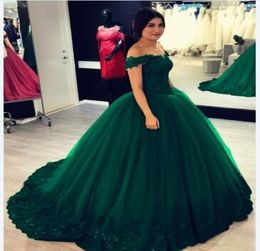 Emerald Green Off Shoulder Lace Quinceanera Prom Dresses Ball Jurk Appliques Corset Back Sweet 16 jurk voor meisjes Party4359332