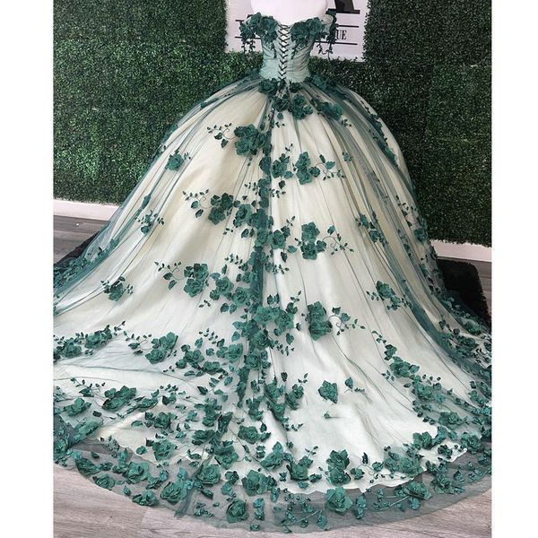 Robe De Quinceanera vert émeraude à épaules dénudées princesse Vestidos De XV Anos 3D fleurs dentelle cristal bal doux 15 robe De reconstitution historique