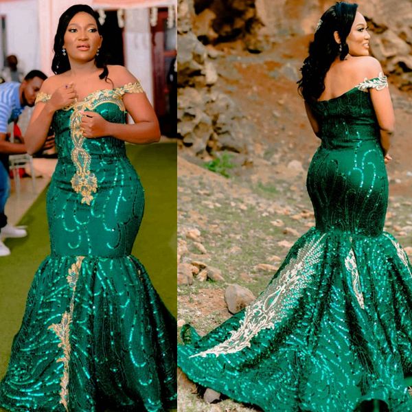 Vestidos de fiesta Aso Ebi de talla grande verde esmeralda, vestido formal de noche con hombros descubiertos de sirena para Nigeria, vestidos de fiesta de cumpleaños para mujeres negras, vestidos de segundo compromiso NL064