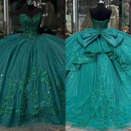 Emerald Green Princess -jurken Appliqued Prom Ball Jurk Sweetheart Glitter Pailletten Vestido de Quinceanera Bow 15 Masquerade Dress 0515