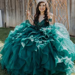 Vert émeraude robes de princesse robe de bal robe de Quinceanera perlée robes de bal à plusieurs niveaux pour fille corset robes de graduation robe De 15