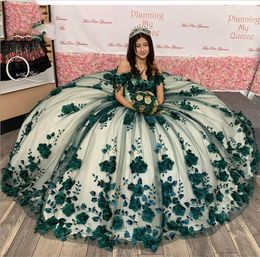 Vestidos de quinceañera de princesa verde esmeralda, cuentas de flores en 3D, apliques con cordones, dulce 15 16, vestido de graduación, ropa de fiesta, Xv Anos 2023