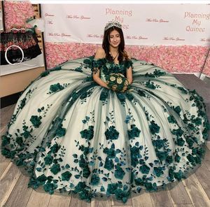 Smaragdgroen Prinses Quinceanera Jurken 3D Bloemen Kralen Lace-up Applique Sweet 15 16 Galajurk Feestkleding Xv Anos 2023