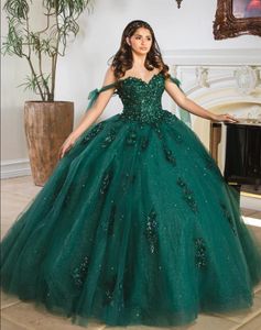 Vert émeraude princesse Quinceanera robes hors épaule Gillter Applique à lacets Corset lilas vestidos de 15 quinceanera