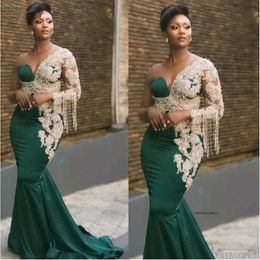 Emerald Green Prom 2021 One Shoulder Pearls Tassel Lace Appliques Mermaid Satijnen avondjurken Abiye GECE ELBISESI 0509