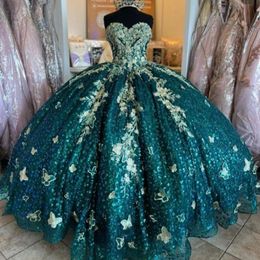 Vestidos de quinceañera de princesa hinchada de color verde esmeralda, apliques florales, lazo, lentejuelas Gillter, corsé con cordones, graduación, Sweety 15 xvideo 16 años