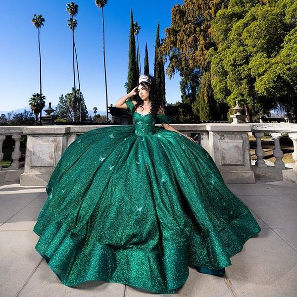 Robe Quinceanera vert émeraude, robe de bal à volants et paillettes, scintillante, douce, avec nœud, robes de princesse pour 15 ans, 16 ans