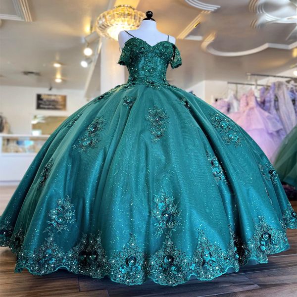 Robes de Quinceanera vert émeraude 2024 princesse douce 16 ans fille robes de fête d'anniversaire appliques dentelle perles robes 15 de Quinceanera