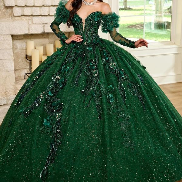 Robes de Quinceanera vert émeraude fleur Tulle perles hors de l'épaule robe de soirée Appliques à lacets Court Train robe de bal de bal