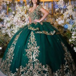 Robes de quinceanera vert émeraude pour 16 filles hors de l'épaule appliques appliques perles de dentelle princesse robes de bal anniversaire bal anniversaire