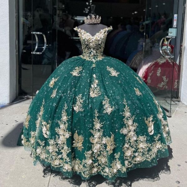 Vestidos de quinceañera de color verde esmeralda, vestido de baile con cuello en V, tul hinchado, 16 vestidos dulces, apliques, tren de flores 3D, vestido de fiesta de encaje elegante