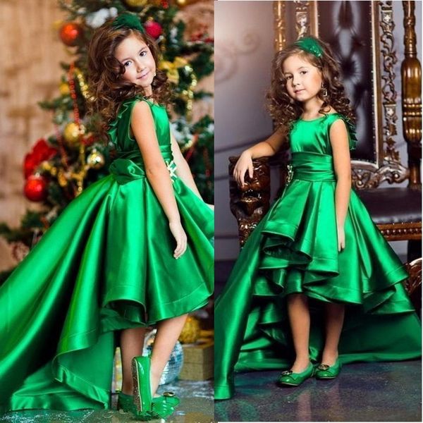 Vestidos de flores de satén verde esmeralda para niñas, cuello redondo, mangas cortas, vestidos de celebridades para niños, vestidos de desfile para niñas altas y bajas