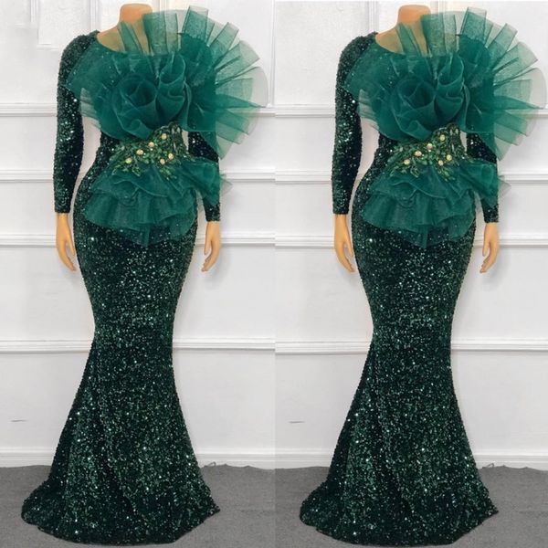 Robes de bal à paillettes vert émeraude manches longues équipage sirène étincelle robes de soirée africaine Aso Ebi femmes robe formelle robes