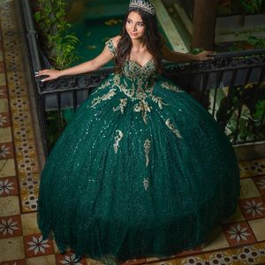 Smaragdgroene pailletten Quinceanera jurk uit de schouder bal Mexicaanse glitter zoet voor 16e meisje verjaardagsfeestje jurk vestidos de 15