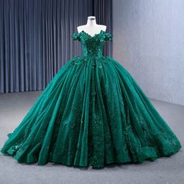 Smaragdgroene lovertjes Appliques Quinceanera jurk baljurk van de schouderbloem kralen korset Vestidos de quinceanera