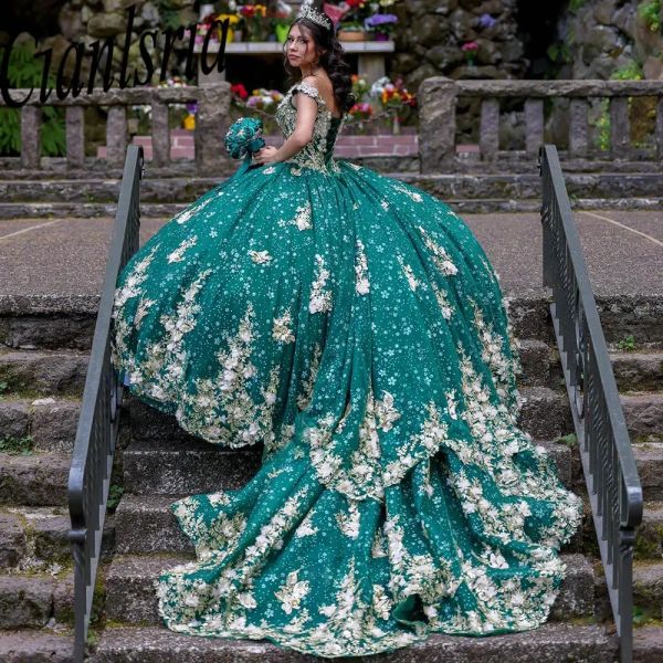 Vestidos de quinceanera de lentejuelas de lentejuelas verde esmeralda