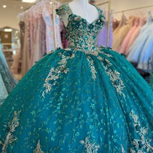 Robe de bal à paillettes vert émeraude, robe de Quinceanera en tulle doré avec des fleurs appliquées sans manches, fête d'anniversaire formelle de 15 à 16 ans